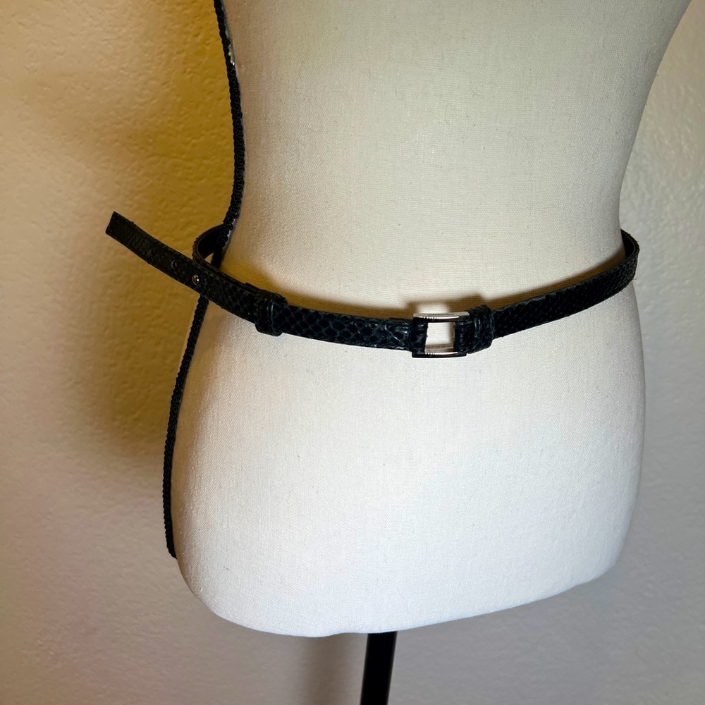 Yves Saint Laurent Black Textured Slim Leather Belt with Silver Buckle